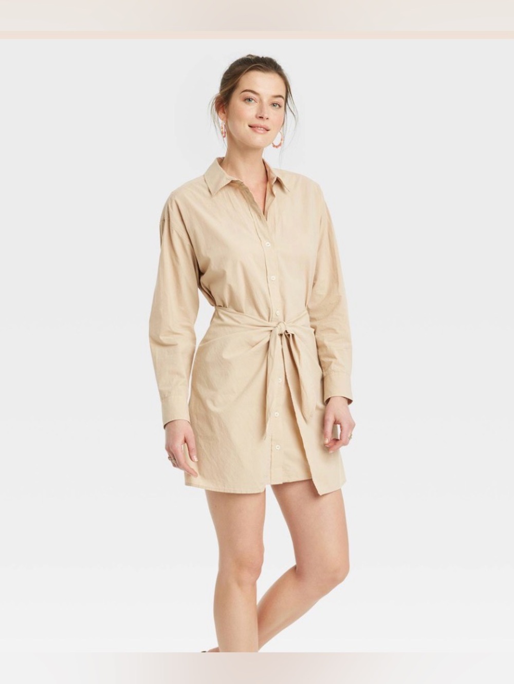 Women's Long Sleeve Tie-Front Mini Shirtdress - Universal Thread Tan S NWOT